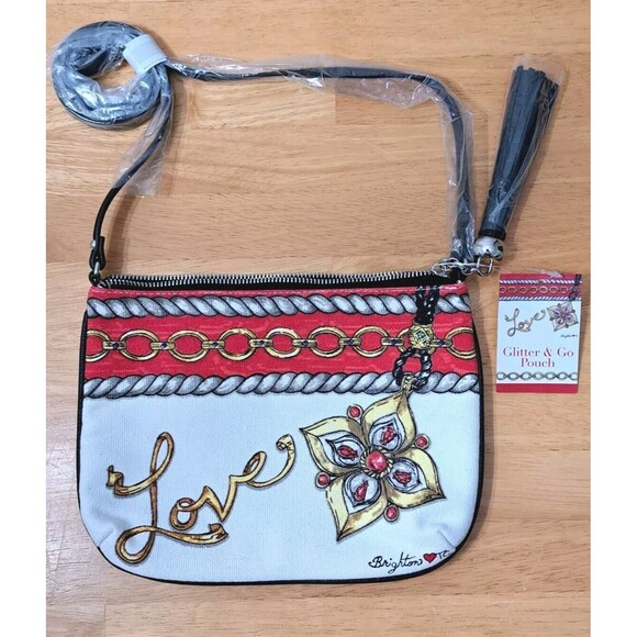 Brighton Love Glitter & Go White Red Gold Canvas with Tassel Crossbody Bag NWT - Picture 1 of 14